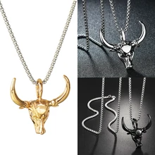 

3 Colors Gold Black Silvery Vintage Men's Bull Skull Pendant Necklace Buffalo Cattle Punk Rock Long Chain Necklaces Jewelry Gift