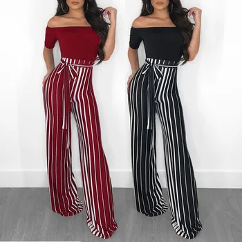 

Popular European and American Fashion Sexy Casual Horizontal Neck Lace-up Striped One-Piece Trousers Women