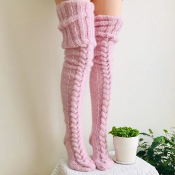 

Winter Sexy Knit Long Socks Women Outdoor Knee High Elastic Leg Warmers 2020 Lady Warm Slim Girls Striped Thick Knee Socks New