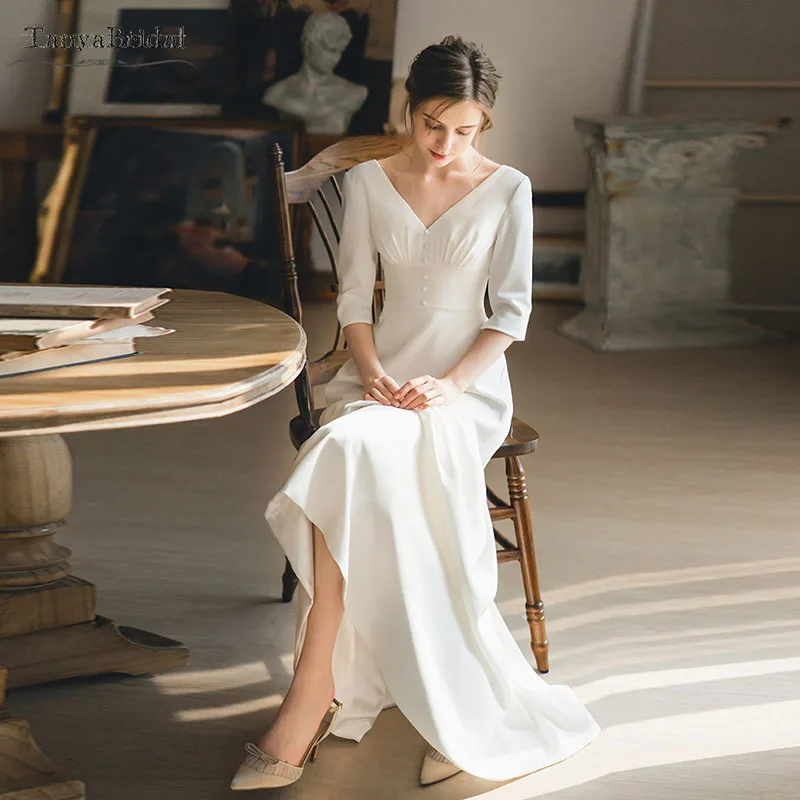 

Swing Wedding dresses V back soft satin simple bridal gowns half sleeve vestido de noivas beach chic DW290