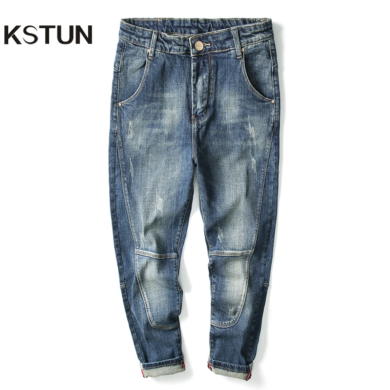 Jeans Trousers Patched Harem-Pants Loose Elastic Streetwear Blue Retro Cowboys Casual