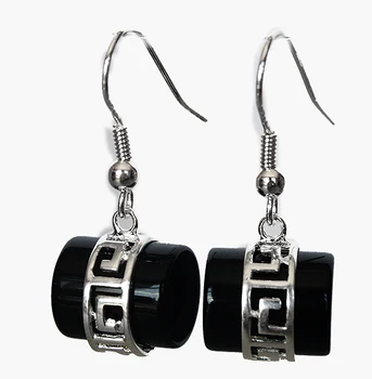 

VINTAGE HANDMADE NATURAL BLACK Natural jade 925 SILVER HOOK EARRINGS 1 1/5"