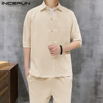 

INCERUN 2020 Cotton Kungfu Style Suits Solid Loose Sets Men Vintage Buttons Sets Half Sleeve Lapel Blouse Long Pants Suits S-5XL
