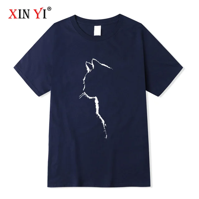 XINYI Men's T-shirt Top Quality 100% cotton short sleeve cool cat print casual loose men t shirt o-neck t-shirt men tee shirts Navy-2018312