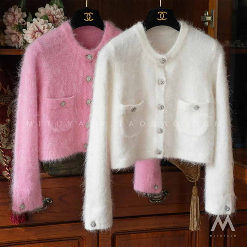 Женский кардиган с круглым вырезом розовый/белый/черный Повседневный Короткий