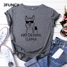 JFUNCY Plus Size T Shirts Women Funny Animal Summer Cotton T-Shirt Cute Alpaca Graphic Print O Neck Short Sleeve Female Tee Tops