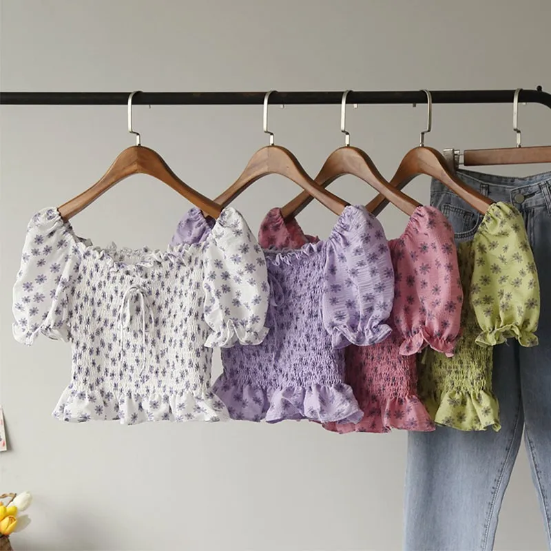 

Sweet Square Collar Ruffles Chiffon Shirt New Summer Small Flower Female Square Collar Bubble Sleeve Slim Shirt