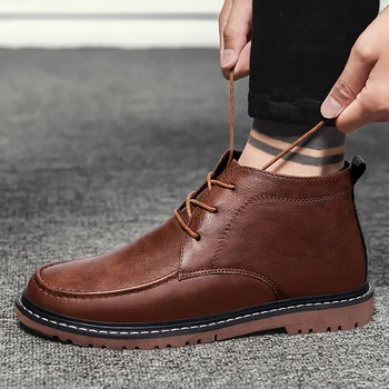 

2019 New Slip-on Moccasins winter Men Casual Leather shoes sneakers zipper Mid-top boots Street shoes plus size 38-47