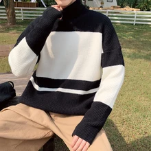 ^#Cheap Winter New High Collar Sweater Men's Warm Fashion Contrast Color Casual Knit Pullover Man Wild Loose Long Sleeve Sweater Male ^#Cheap Winter New High Collar Sweater Men's Warm Fashion Contrast Color Casual Knit Pullover Man Wild Loose Long Sleeve Sweater Male