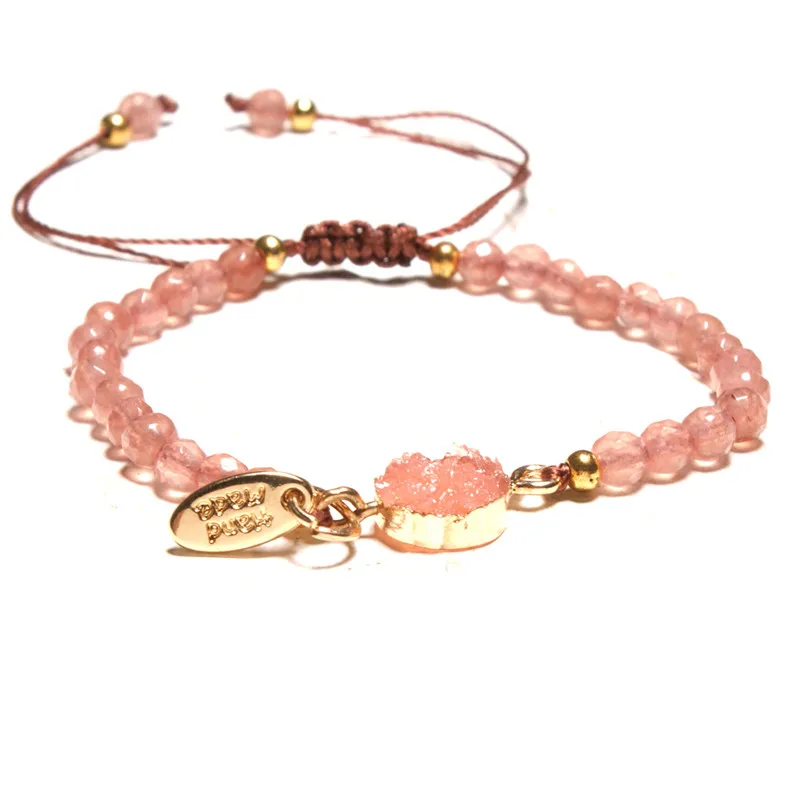 Модный простой розовый кристалл Rock Druzy натуральная подвеска-Шарм с камнем Bracklet граненые бусины ручной работы тканый браслет ювелирное изделие подарок