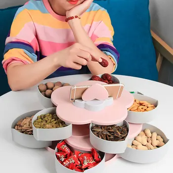 

1pc Snack Storage Tray Double-Layer Rotating Fruit Plate Multifunction Space Saving Desktop Petal Candy Dish Shape