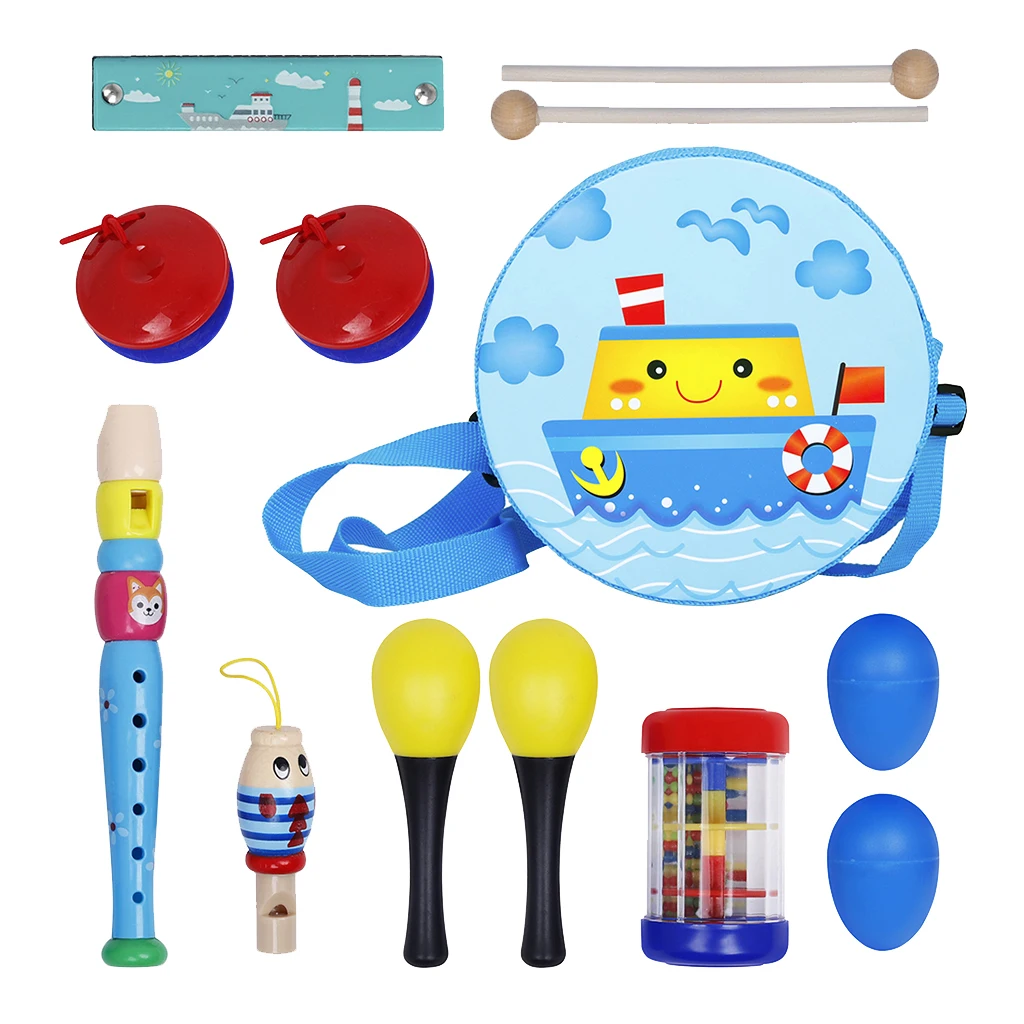 8pcs/set Kids Musical Instrument Toys Kit Double-sided Drum Clarinet Fish Whistle Rain Sounder Cartoon Harmonica for Girls Boys