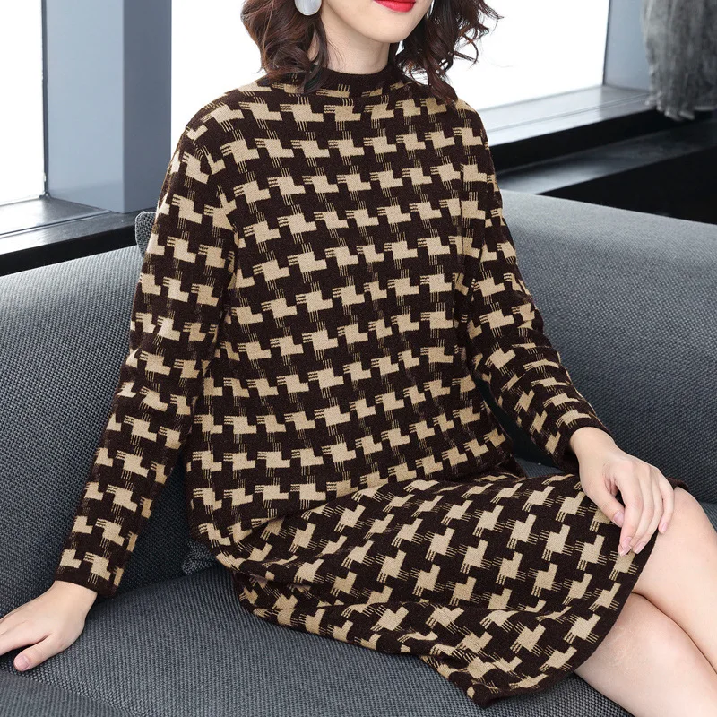 #^Special Price Korean Oversize Dogstooth Knitted Long Dress Fall Winter Knitting Sweater Swallow Gird Black White Dresses Warm Dress Plus Size #^Special Price Korean Oversize Dogstooth Knitted Long Dress Fall Winter Knitting Sweater Swallow Gird Black White Dresses Warm Dress Plus Size