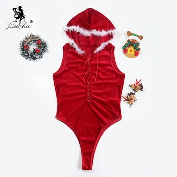 

Leechee Christmas New Gold Velvet Underwear Hooded Sexy Temptation One-Piece Suit Cross Tie Deep V-Neck Sleeveless Lingerie Set