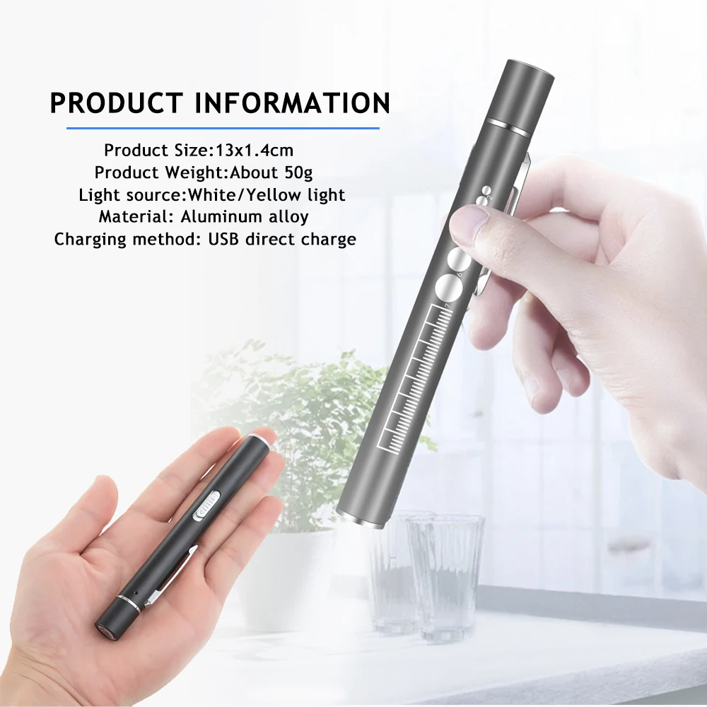 Mini LED Flashlight with Tail Magnet USB Rechargeable Torch Cold White + Yellow Light Medical Pen Lights Portable Lantern