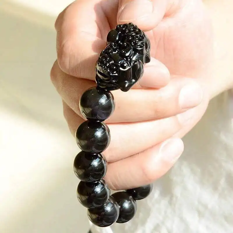 Feng Shui Obsidian Stone Beads Bracelet Wristband Gold Black Pixiu Wealth Good Luck Women Bracelet  Men Women Unisex