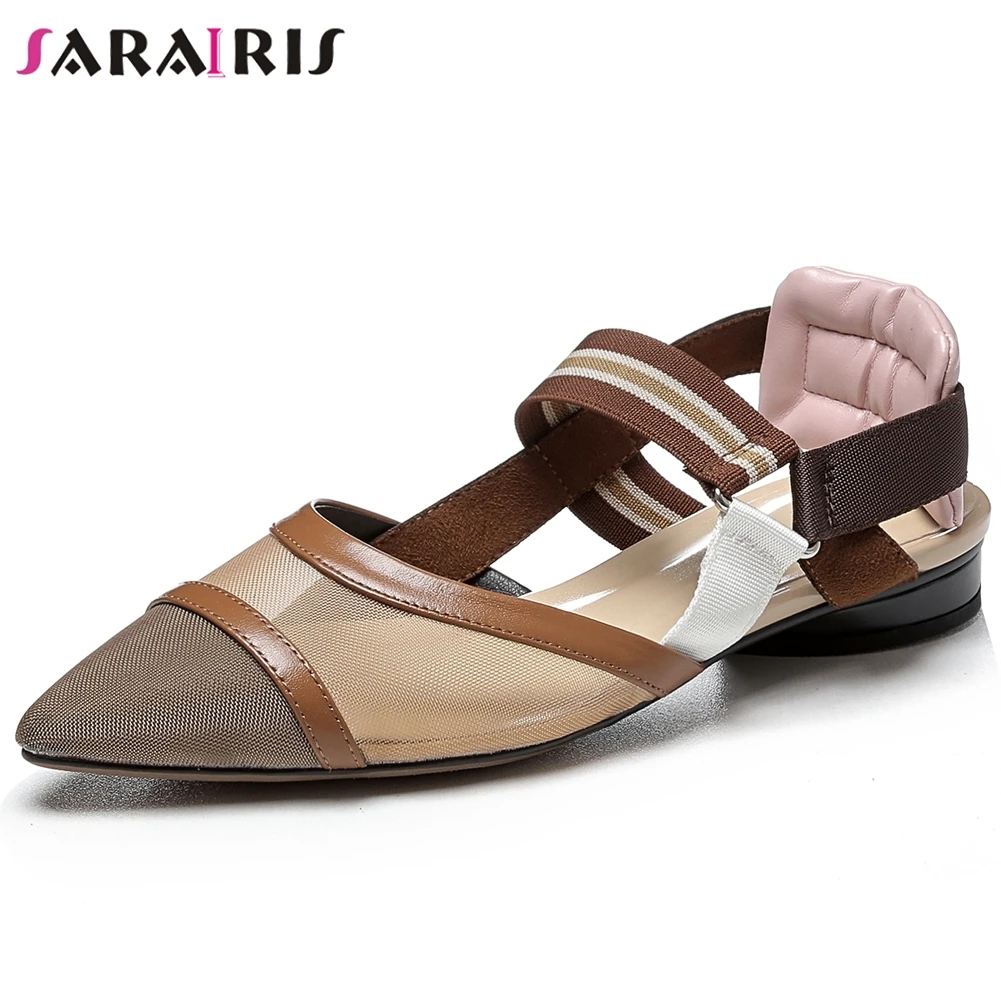 

SARAIRIS Fashion Female Low Heel Pointed Toe Mixed Color Back Strap Sandals Office Sandals Women Genuine Leather Shoes Woman