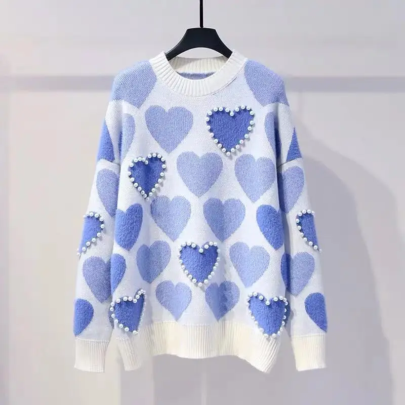 Billige H. SA Frauen Gestrickte Pullover und Pullover Oneck Perlen Perlen Pullover Süße Herz Pull Jumper Langarm Kawaii Pull Femme