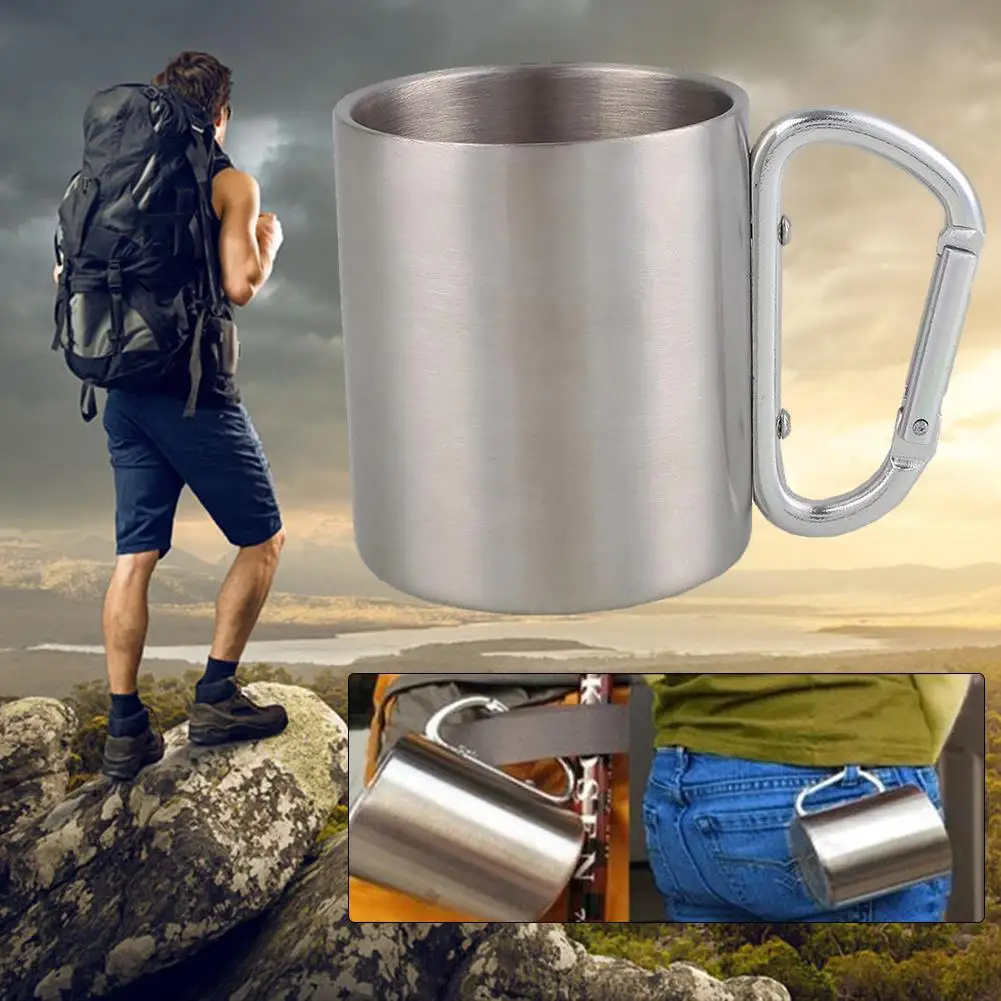 Portable Stainless Steel Camping Mug Outdoor Cup Bottle Drinkware Carabiner
