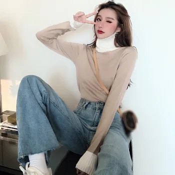 

Women Stitching Color Knit Top Female High Collar Sweater Bottoming Long Sleeve Shirt Sweaters 2020 Ins Style