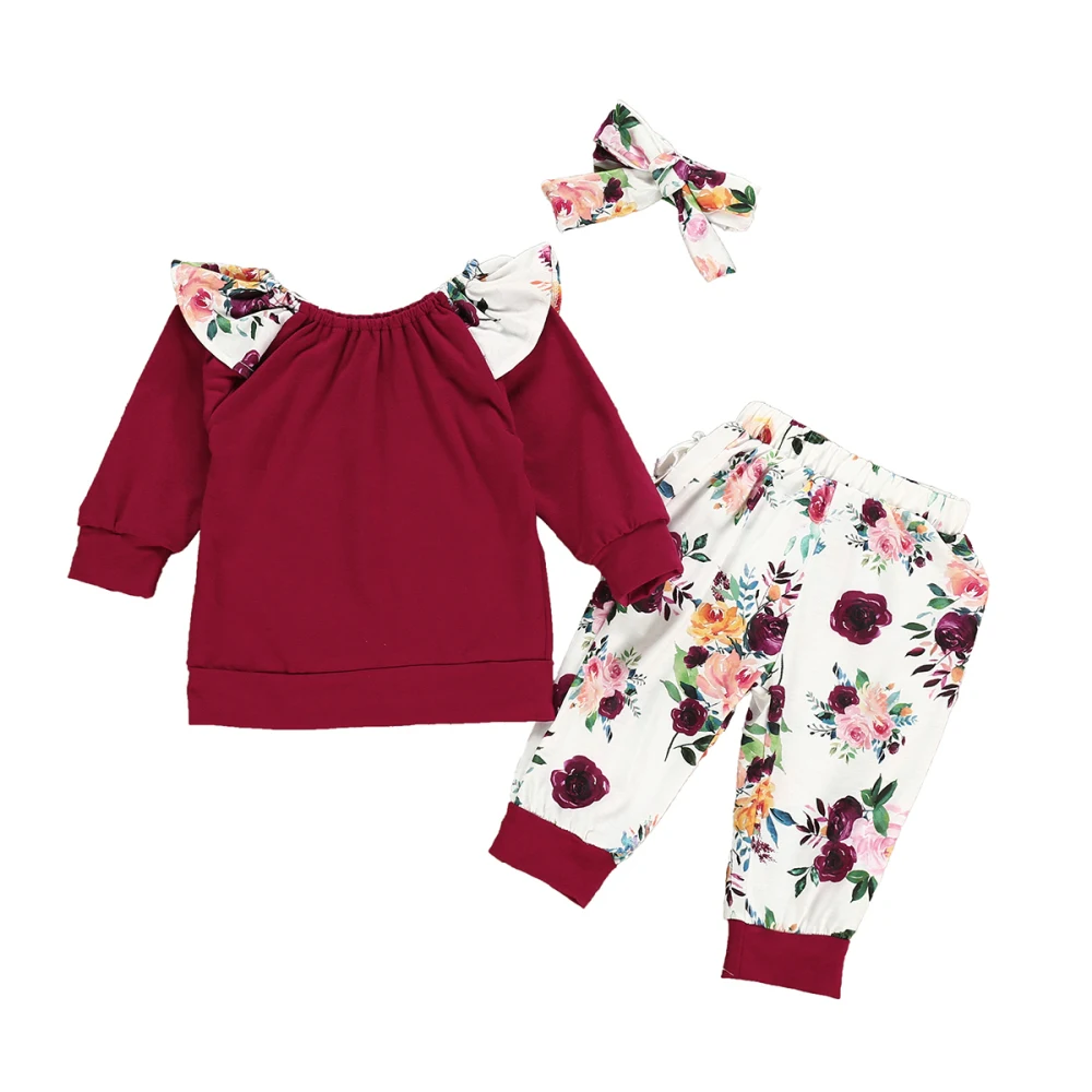 2019 Toddler Newborn Infant Baby Girls Clothes Set Autumn Long Sleeve Floral Tops T-Shirt Pants Outfit Clothing 3PCs | Детская одежда и