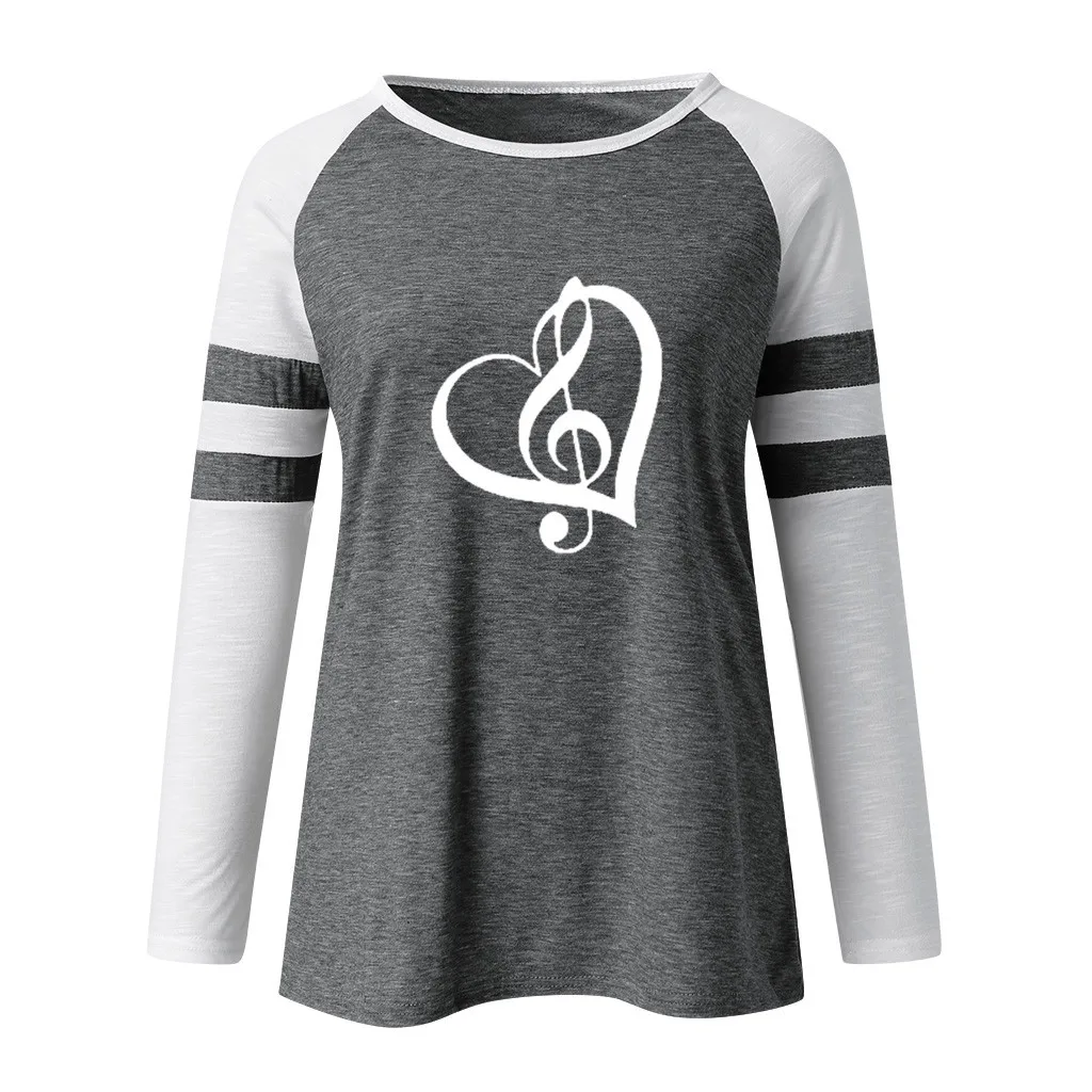 Модная футболка с принтом сердца размера плюс, Повседневная зимняя Женская туника с круглым вырезом, женская футболка с длинным рукавом, блузка, пуловер - Цвет: Gray