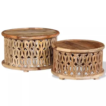 

Solid Mango Antique Wood Sofa Side Table Small and Big 2 Pieces Set Living Room Coffee Table Sofa Commercial or Home Furniture