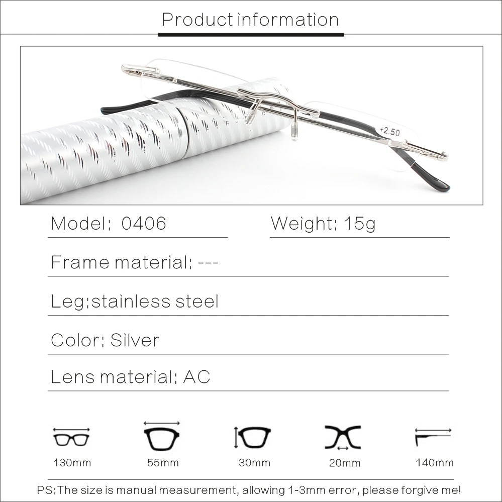 Tube Reading Glasses Portable Magnifier Reading Glasses Frameless Men Rimless 1.0 1.5 2.0 2.5 3.0 4