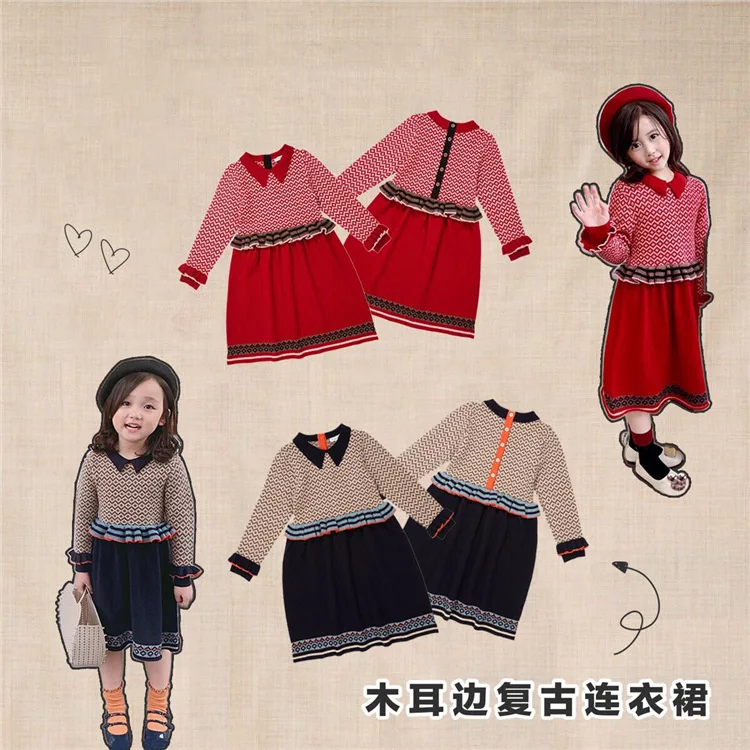 

Retro Knitted Girls Dress 2019 Autumn Winter New European and American Style Elegant Long Sleeve Toddler Girl Princess Dress