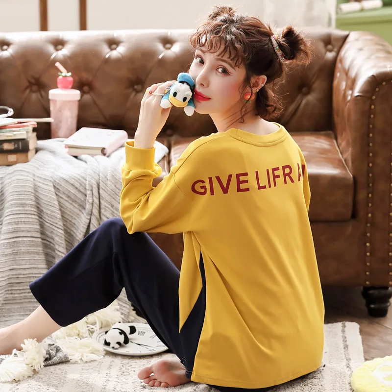 Pajamas Women's Autumn Pure Cotton Women's Crew Neck Women's Casual Nursing Home Wear Two-Piece Set