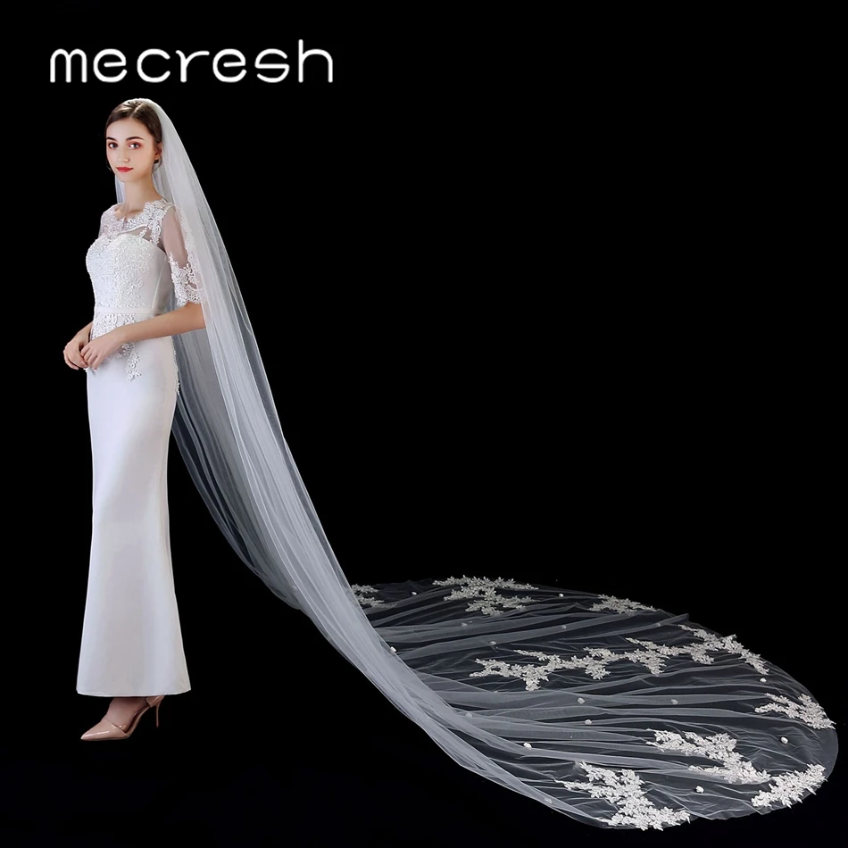 Mecresh 3M Однослойная Соборная свадебная вуаль с гребнем Свадебные аксессуары бежевая кружевная Цветочная аппликация Длинная фата невесты VTS009