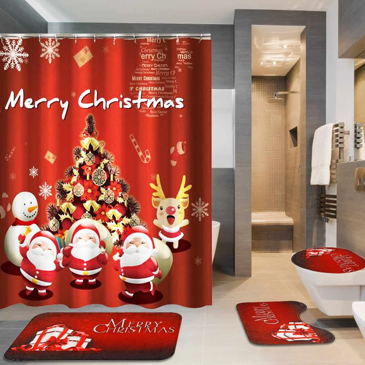 Рождественская занавеска для ванной комнаты и коврик для ванной набор Санта Клаус Снежная занавеска для душа крышка для унитаза коврик для ванной нескользящий коврик - Цвет: B 1Set 16pcs