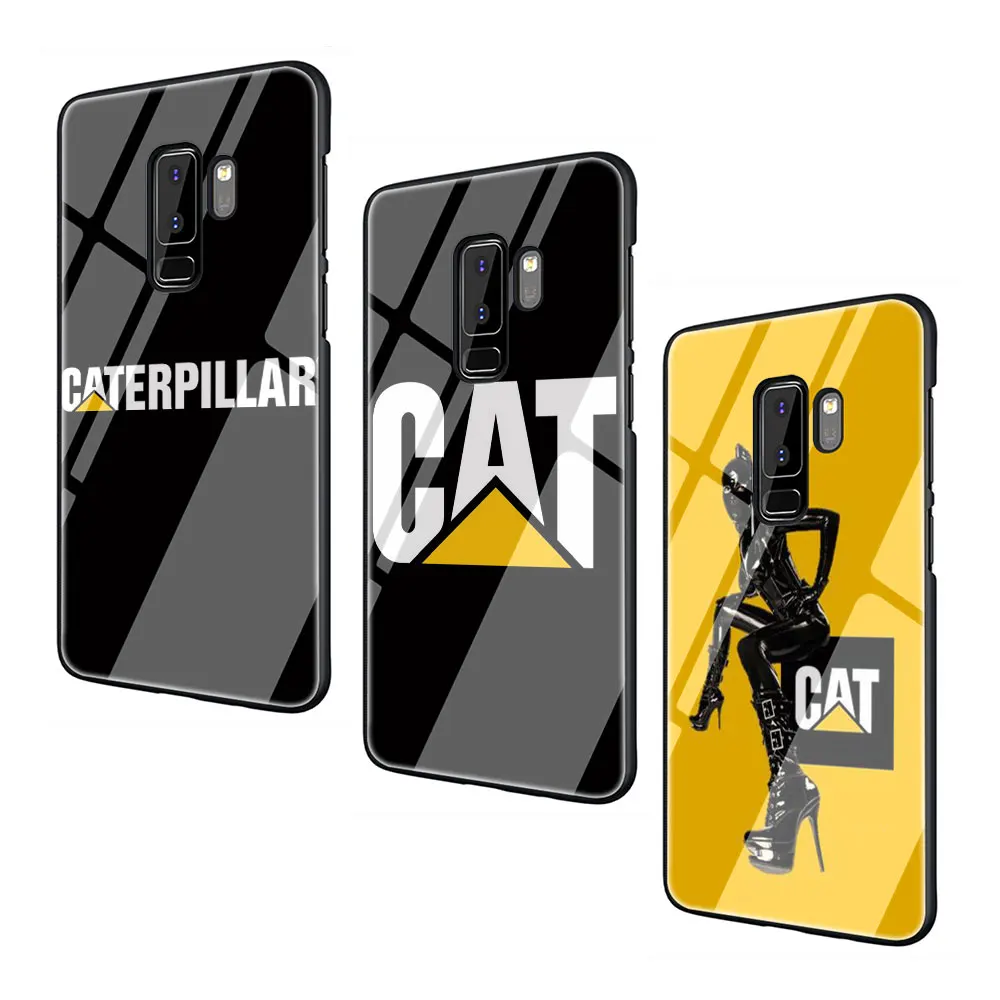 С логотипом Caterpillar закаленное Стекло TPU черный чехол для Galaxy S7 Edge S8 S9 S10 Plus, Note 8, 9, 10, A10 20 30 40 50 60 70