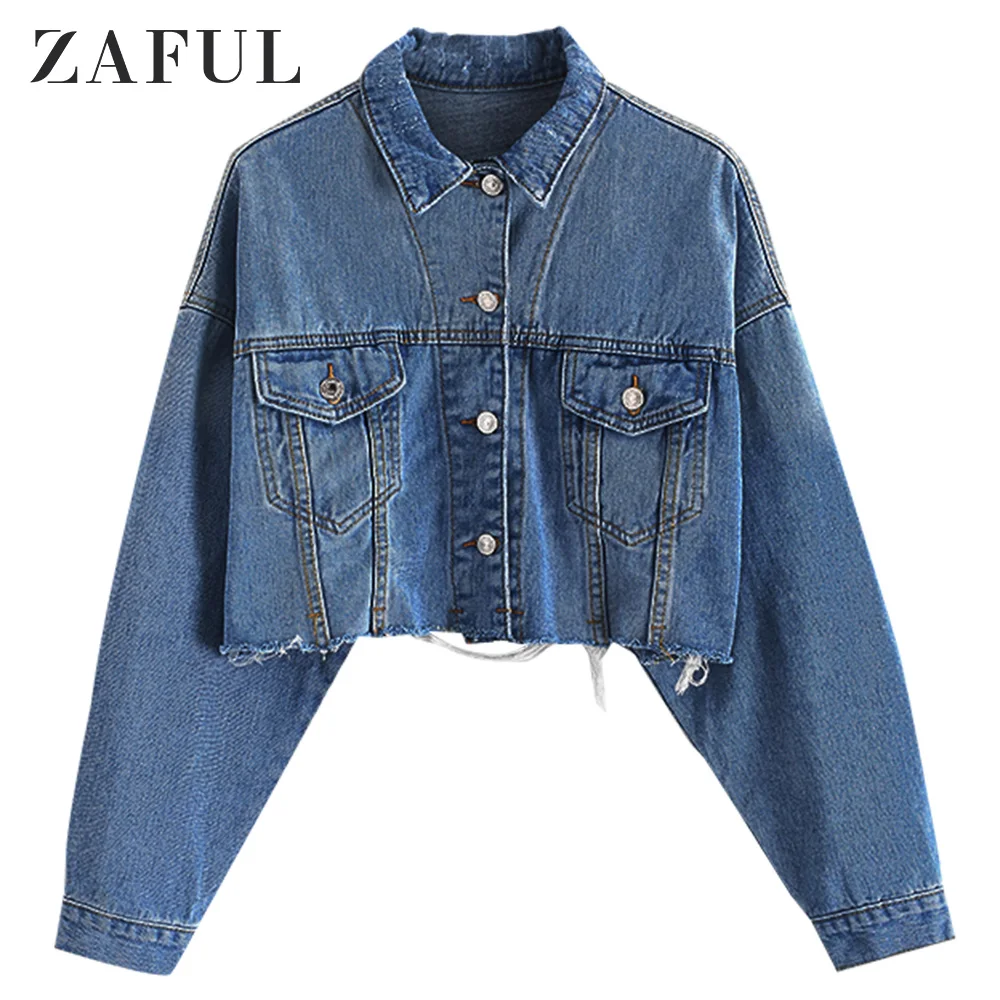 ZAFUL джинсовая куртка с необработанным вырезом и карманом заниженным плечом топы