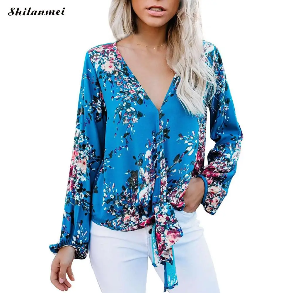 

2019 Long Sleeve Bohemian Blouses Women Deep V Neck Sexy Floral Blousa Mujer Office Lady Casual Boho Tops Autumn Loose Blouse