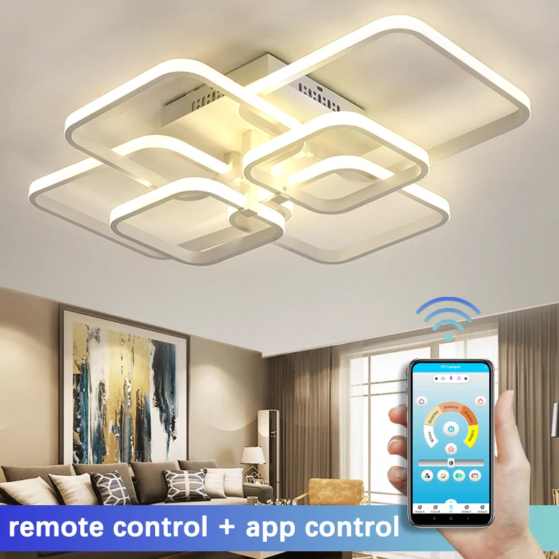 Modern LED Chandelier With Remote Control For Living Room Bedroom Home Dining Ceiling Lamp White Square Smart Light Fixtures | Лампы и
