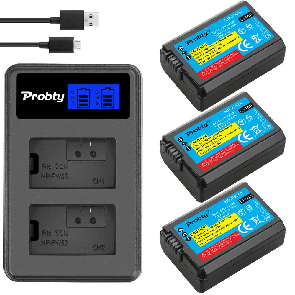 PROBTY 3 шт. 2000 мА/ч, NP-FW50 NP FW50 Батарея+ ЖК-дисплей USB Зарядное устройство для sony NEX-5 NEX-7 SLT-A55 A33 A55 A37 A3000 A5000 A6000 A6300