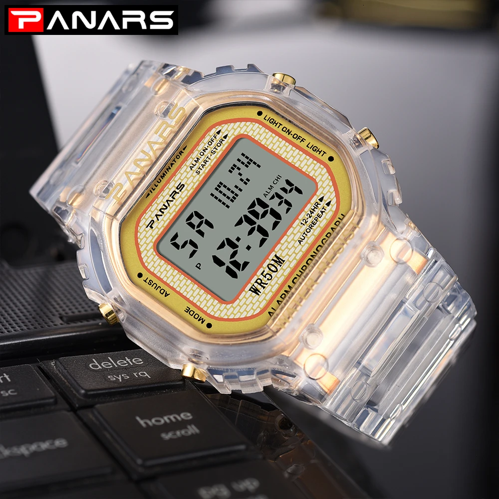 

PANARS Rectangle Transparent Luxury Men Watch Digital 2019 Outdoor Men Sports Watches Mens Waterproof LED Wrist Watches Women