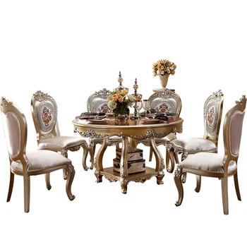 

High quality european antique wooden round dinning table set 6 chairs