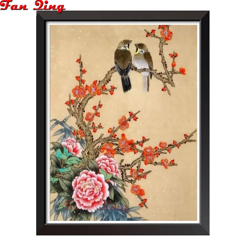 Картина с красными цветами деревом цветущей сливы пионами птицами алмазная