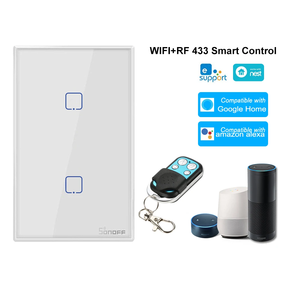 Интеллектуальный выключатель света SONOFF T2US TX Smart Wifi сенсорный настенный выключатель света с границы умный дом 1/2/3 433 RF/Голосовое управление/приложение Управление для Alexa Google - Комплект: 2CH