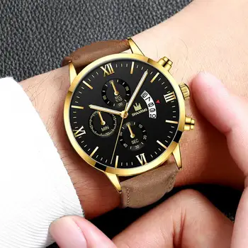 

SHAARMS New Arrival Men Watch Brown Leather Band Fashion Quartz Watches Military Sport Date Wristwatch Relogio Masculino SA6070
