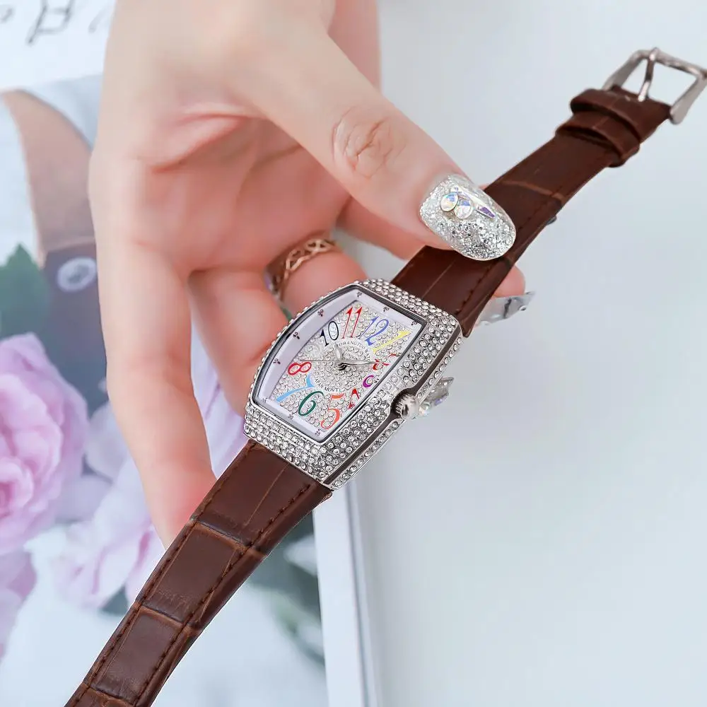 Montre-bracelet en cuir biscuits pour femme, entièrement diamant, montres colorées pour femme, montre à quartz pour femme, mode de luxe