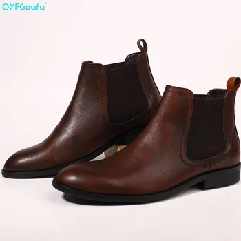 

QYFCIOUFU 2019 New Ankle Chelsea Boots Men Spot Dyeing Handmade Genuine Cow Leather Autumn Office Vintage Toe Chelsea Boots