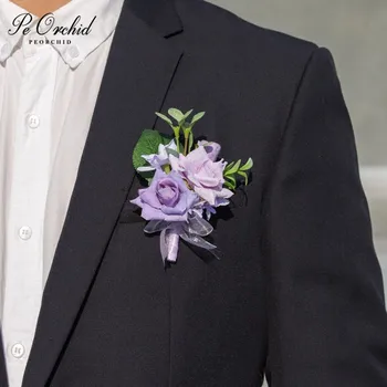

PEORCHID 2020 Purple Wedding Boutonnieres Groom Corsage Groomsmen Bridesmaid Accessories For Hand Bracciale flowers Decoration