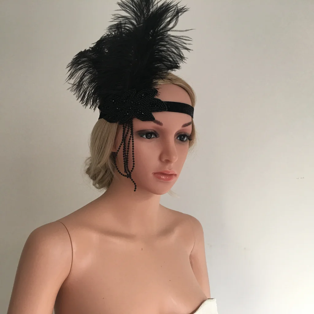 Vintage Elegant Bridal Headpiece Black Plume Headband Beads Tassel Wedding Headpiece Flapper Dress Up