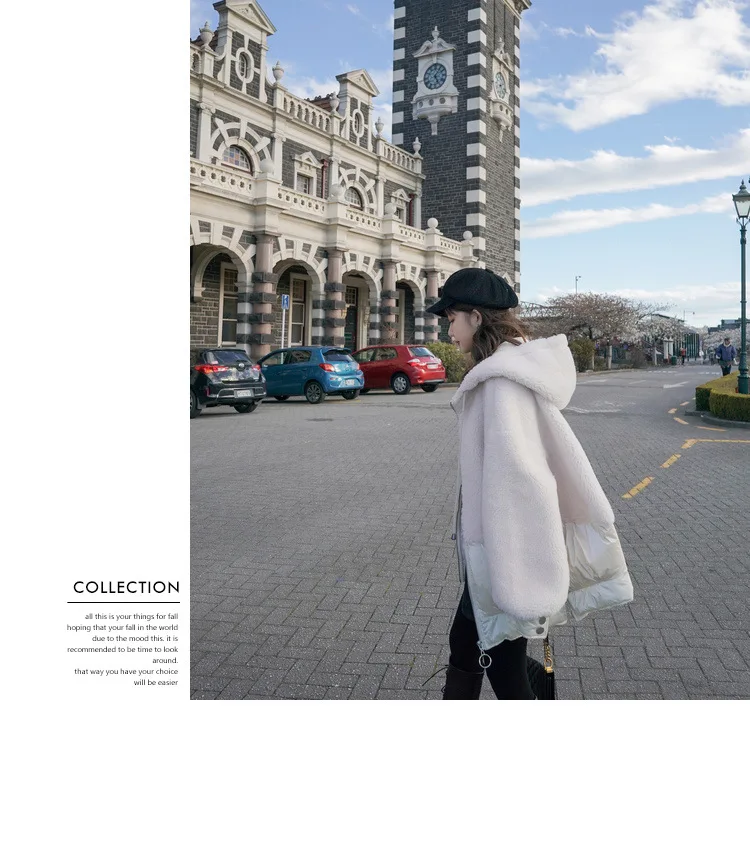 Фото фотосессия основной толчок шикарный ягненка шерсть Off-white свободный крой с капюшоном на шнуровке молнии сустава макет Двухсекционный Хлопок пальто женщин