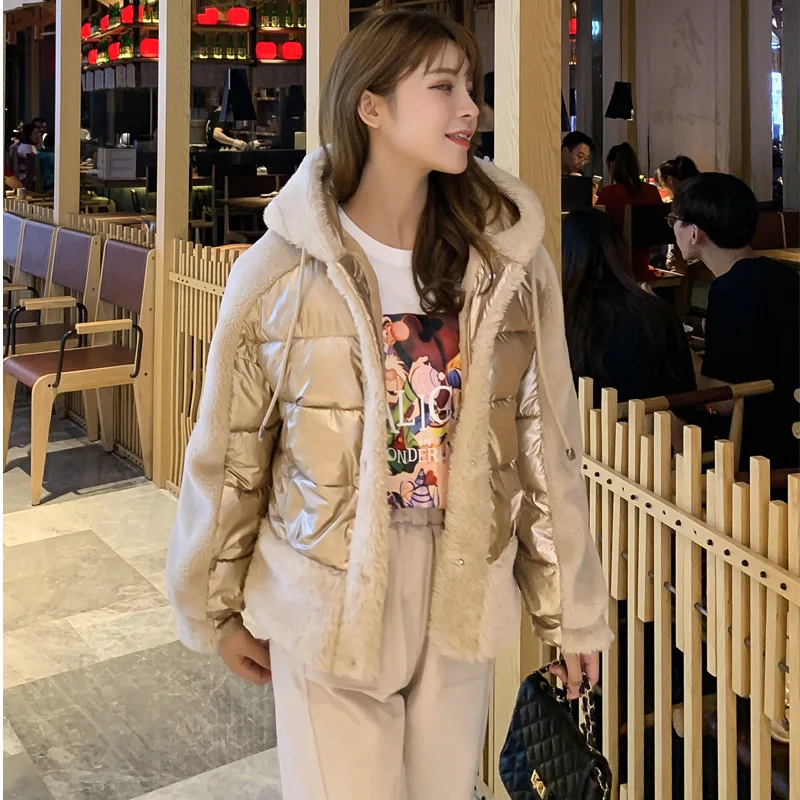 New Style Bright Surface Joint Lambs Wool Short Fur Thick ke li rong Locomotive Cotton Coat
