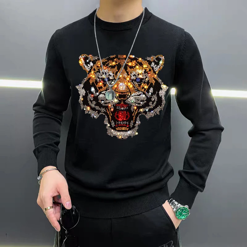 

2024 New Men's Sweater Autumn And Winter Luxury Knitted Pullover Fashion Tiger Couple O-Neck Rhinestone Warm Top