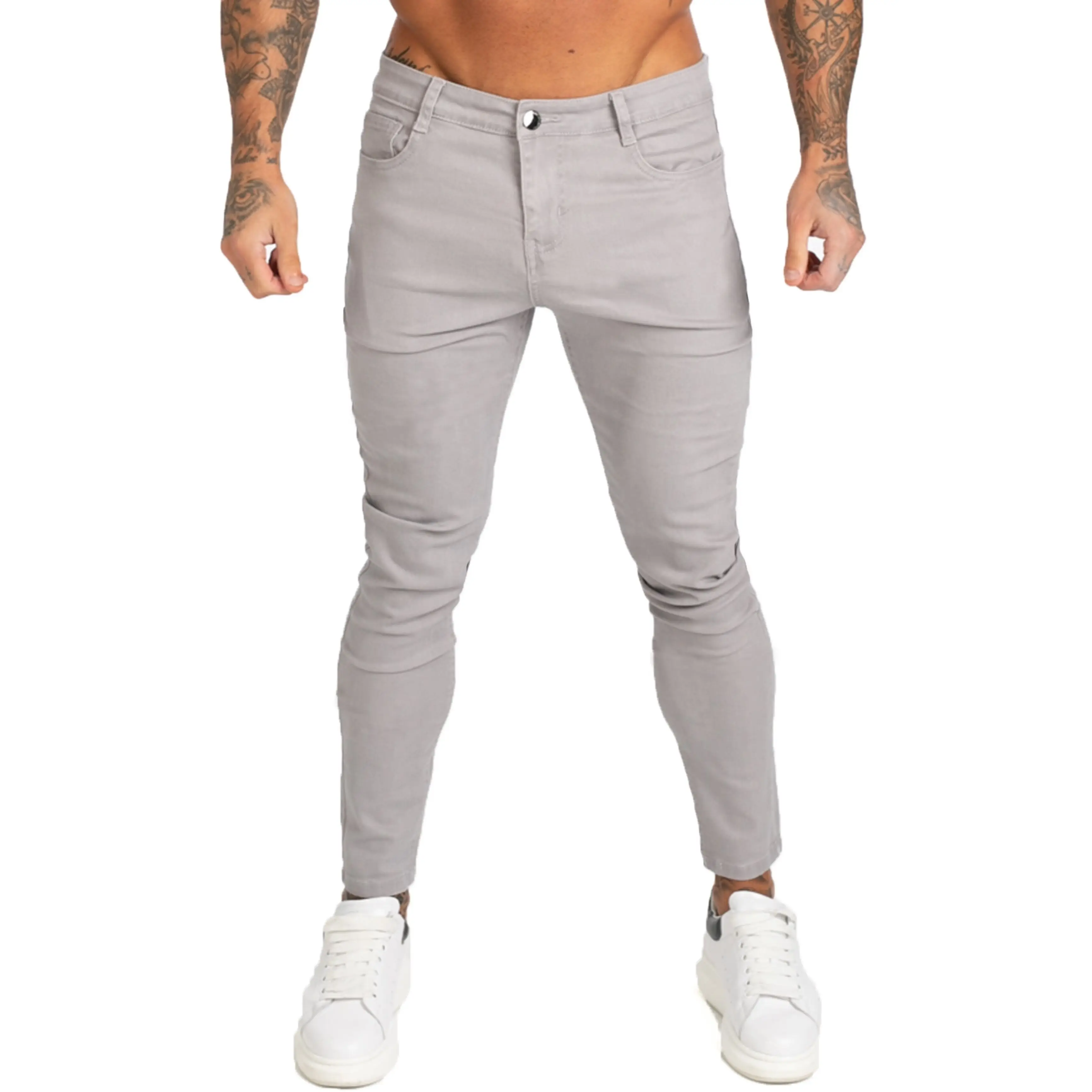 GINGTTO Denim Pants Men Skinny Slim Fit Grey Jeans for Men Hip Hop Ankle Tight Cut Closely to Body Big Size Stretch zm175